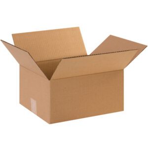 An upright open MH-USA 12 x 11 x 6 corrugated box from a bundle of 25 stands against a white background, showcasing its durability and simplicity.