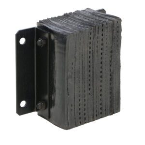 The Vestil Laminated Dock Bumper 12 X 12 X 6 In is designed for impact absorption with a stacked rubber structure, metal brackets, and bolts. It showcases compressed layers for texture and thickness, complemented by a bracket featuring two mounting holes.