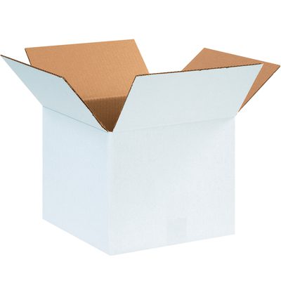 121210W.jpg A white cardboard box with open flaps, similar to the MH-USA 12 x 12 x 10 White Corrugated Boxes (25/Bundle), sits on a plain white background, displaying its brown interior.