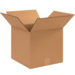 The MH-USA 12 x 12 x 11 Corrugated Boxes (25/Bundle) are empty and pristine, sitting on a white background. These sturdy boxes with raised flaps look immaculate and are perfect for all your shipping needs.
