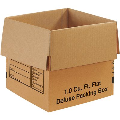 121212DPB.jpg Open brown cardboard box labeled 1.0 Cu. Ft. Flat Deluxe Packing Box with checkboxes for identifying contents such as CLOSET, BEDROOM, and KITCHEN. Flaps are unfolded; product: MH-USA 12 x 12 x 12 Deluxe Packing Boxes (25/Bundle).