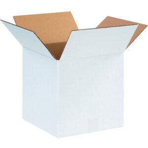 An MH-USA 12 x 12 x 12 White Corrugated Box sits open on a plain background, its flaps spread gracefully. Its empty, symbolizing potential and versatility for any packaging need. Ideal for shipping or storage, these boxes are available in bundles of 25.
