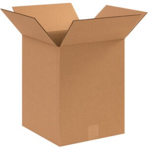 The MH-USA 12 x 12 x 15 corrugated box sits open with flaps extended against a white background, appearing empty and made of brown cardboard, from a bundle of 25.