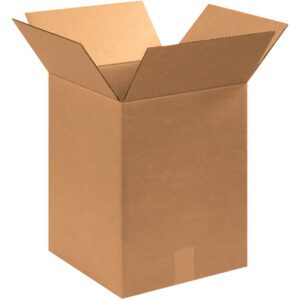 A brown MH-USA 12 x 12 x 16 Corrugated Box, open with an empty interior, stands upright against a white background, showcasing the efficiency and sturdiness of these boxes, sold in bundles of 25.