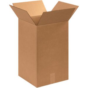Against a plain white background, a tall MH-USA 12 x 12 x 20 corrugated box from the 25-piece bundle is displayed empty, with its outward-folded flaps and a taped seam at the bottom.