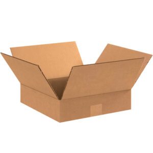 An open MH-USA 12 x 12 x 3 flat corrugated box from the 25/Bundle set, with flaps extended outward, is displayed on a plain white background, revealing its sturdy, empty interior.