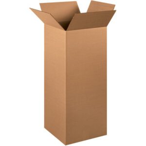 The MH-USA 12 x 12 x 30 tall corrugated box from the 15/bundle set stands upright, its flaps spread outward against a plain white background.