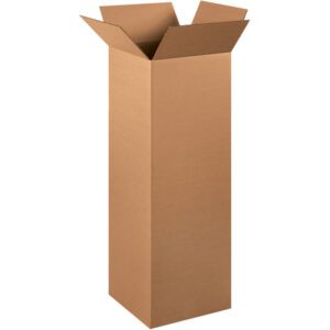 A MH-USA 12 x 12 x 36 Tall Corrugated Box stands upright on a white background, its flaps partially open and ready for packing.