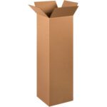 A tall, open brown MH-USA 12 x 12 x 40 corrugated box stands upright on a white background with unfolded flaps, appearing empty and ready for packaging or storage.