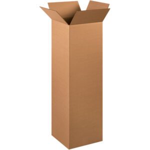 A tall, open brown MH-USA 12 x 12 x 40 corrugated box stands upright on a white background with unfolded flaps, appearing empty and ready for packaging or storage.