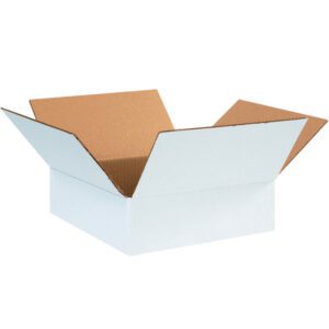 An open MH-USA 12 x 12 x 4 white corrugated box, with brown interiors and flaps fully extended outward, sits empty on a plain white background.