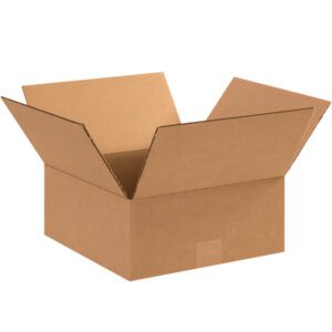 An MH-USA 12 x 12 x 5 flat corrugated box from a bundle of 25 is shown with outward-folded flaps on a white background; a tape mark highlights its sturdy construction.