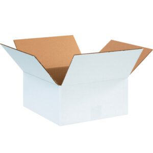 An empty MH-USA 12 x 12 x 6 white corrugated box with a brown interior is displayed against a plain background. Its flaps are wide open, showcasing the spacious interior.