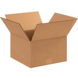 An open MH-USA 12 x 12 x 7 corrugated box, flaps up, is set against a plain white background. The boxs textured sides highlight its durability as a packaging solution. Available in bundles of 25.