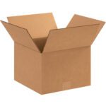 An open, empty MH-USA 12 x 12 x 8 Corrugated Box with partially raised flaps is centered against a white background.