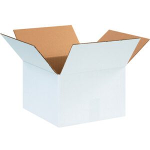 The MH-USA 12 x 12 x 8 White Corrugated Boxes (25/Bundle) feature extended flaps and a brown interior, showcasing their sturdy design and quality against a plain white background.