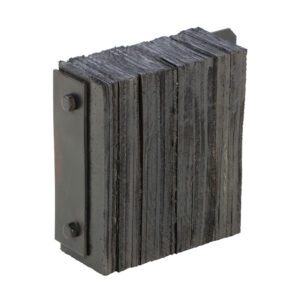 Dark, rectangular plates, akin to the Vestil Laminated Dock Bumper 12 X 14 X 4.5In, are secured by two side bolts forming a block shape. The uneven edges create a rugged texture.