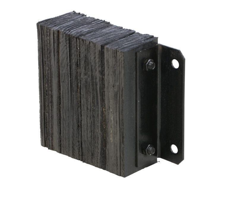 The Vestil Laminated Dock Bumper, 12 x 14 x 4.5 inches, features a dark brown rectangular rubber design with a textured surface and includes a side bracket with two mounting holes secured by bolts. Its isolated on a white background.
