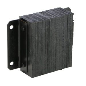 The Vestil Laminated Dock Bumper, 12x14x4.5 in, is a black rectangular rubber block with vertical grooves, mounted on a black metal bracket featuring two bolt holes. It has a rough texture and stands upright against a plain white background.