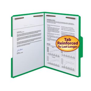 An open, vibrant green Smead Fastener File Folder (12140) showcases documents; the right side shows text and graphs with a Reinforced 1/3-Cut Tab To Last Longer label. A signed letter is on the left, held snugly by metal fasteners. Available in boxes of 50, letter size.