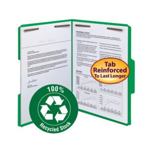 An open green Smead 100% Recycled Fastener File Folder displays documents, with a round 100% Recycled Stock emblem on the front and a yellow durability label on the reinforced 1/3-cut tab.
