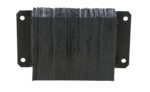 Close-up of a Rectangular Vestil Laminated Dock Bumper, black, 12 X 18 X 4.5 inches, with mounting plates on either side. It has textured horizontal grooves and four circular attachment holes on the plates.