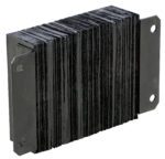 The Vestil Laminated Dock Bumper, sized 12 x 18 x 4.5 inches, is an industrial rubber mount with a layered black design. It features two side metal plates with mounting holes. Its textured surface suggests durability and flexibility.