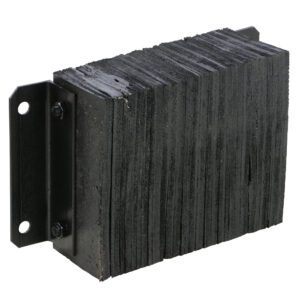 The Vestil Laminated Dock Bumper 12 x 18 x 6 inches is a black, rectangular rubber bumper with a ridged texture. It mounts vertically with a metal bracket featuring two bolt holes on the left side for secure attachment.