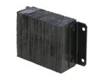 The Vestil Laminated Dock Bumper 12 x 18 x 6 in has a textured black rubber design, a sturdy metal bracket with two holes for easy mounting, and a segmented rubber with a rough surface for added durability.