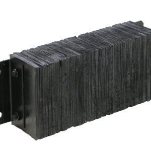 Vestil Laminated Dock Bumper, 12 x 24 x 4.5 inches, features black rubber with a metal bracket for impact absorption and structure protection. Its rectangular shape includes a textured surface.