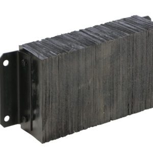 The Vestil Laminated Dock Bumper 12 x 24 x 6 In boasts a black rectangular rubber design with a textured surface, horizontal grooves, and two metal mounting brackets on the left side, making it ideal for industrial or vehicle use.