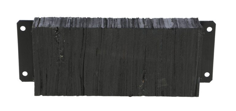 An image highlights the Vestil Laminated Dock Bumper 12 X 30 X 4.5 In, featuring black graphite layers secured by metal brackets, with a textured surface adding rugged appeal to its sturdy design.