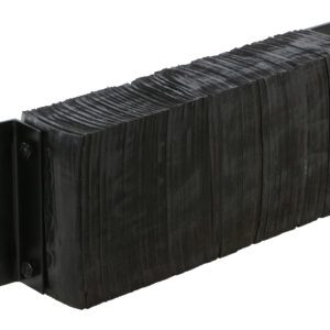 The Vestil Laminated Dock Bumper 12 X 30 X 6 In is a black, rectangular rubber bumper with a layered texture, mounted on a metal bracket. It has two holes in the bracket for secure mounting.