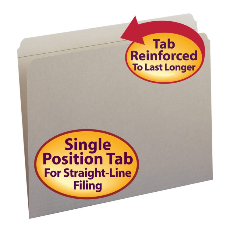 12310_C1.jpg The image showcases a gray Smead File Folder (12310) with a Reinforced Straight-Cut Tab to Last Longer label and highlights its Single Position Tab for Straight-Line Filing, ideal for letter-sized documents.