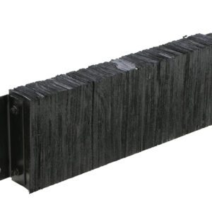 A dense black industrial brush strip with bristles on a metal bracket resembles the Vestil Laminated Dock Bumper 12 X 36 X 4.5 In, featuring two mounting holes and durable, evenly distributed bristles.