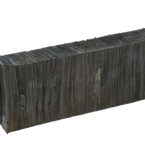 This rectangular slab of dark, textured material looks like a Vestil Laminated Dock Bumper 12 X 36 X 6 In, complete with two metal mounting brackets on each end. Its surface is uneven and weathered, featuring visible horizontal grains and lines.