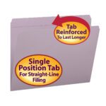 The Smead File Folder, Lavender, features a reinforced straight-cut tab labeled Tab Reinforced To Last Longer and Single Position Tab For Straight-Line Filing. Each durable folder in this 100-count box (12410) ensures your paperwork stays perfectly organized.
