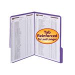 A purple Smead WaterShed?/CutLess? Fastener File Folder is open, showing pages of numbers and descriptions. An orange sticker highlights the Reinforced 1/3-Cut Tab, ensuring durability. It includes 2 fasteners for secure document fastening.