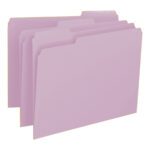 A set of Smead File Folders, 1/3-Cut Tab, in vibrant lavender is elegantly staggered. Each folder features a top tab for easy labeling. Set against a white background, these folders provide the perfect splash of color to organize your workspace.