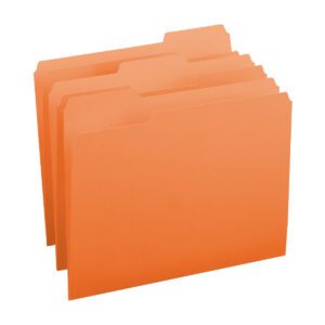 Four Smead File Folders, each with a 1/3-cut tab, are staggered in a row. The letter-size orange folders from product 12543 stand upright against a white background.