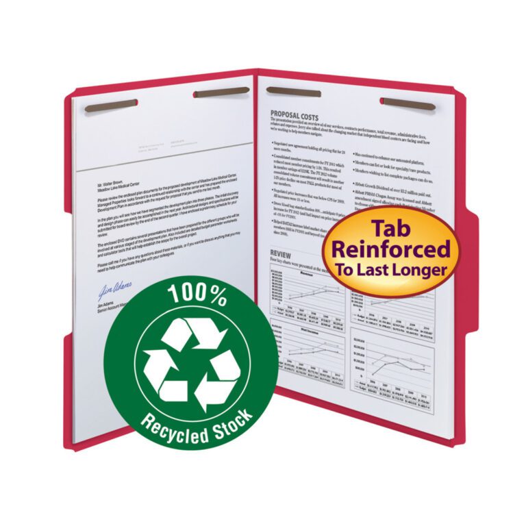 The red Smead 100% Recycled Fastener File Folder displays printed documents, includes graphs, and has a green circle with a white recycling icon. It features a yellow oval text reading Reinforced 1/3-Cut Tab, Letter Size and two fasteners for secure organization.