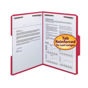 A Smead WaterShed?/CutLess? Fastener File Folder with a reinforced 1/3-cut tab, letter-size, and red hue holds two pages; one has text/signature, the other has tables/graphs. The folder, featuring two metal fasteners and tagged Tab Reinforced to Last Longer, is from product #12742.