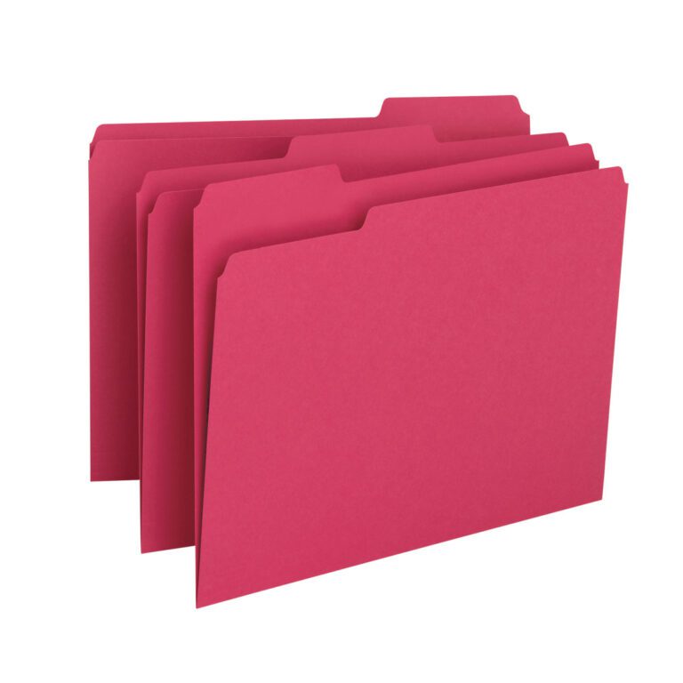 Four red Smead File Folders, 1/3-Cut Tab (12743), are staggered in a stack against a plain white background, ready for labeling; part of the Letter Size, 100 per Box set.
