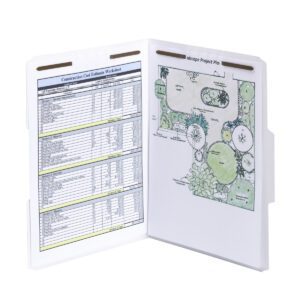 The Smead Fastener File Folder, featuring two metal fasteners and a reinforced 1/3-cut tab, reveals a construction cost estimate on the left and a landscape project plan on the right. This letter-sized white folder is ideal for organizing multiple documents.