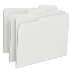 Three Smead File Folders (1/3-Cut Tab, Letter Size, White) are displayed in a staggered overlap. Each features a top tab for labeling and comes in packs of 100 per Box (12843). The minimalist background ensures no distractions.