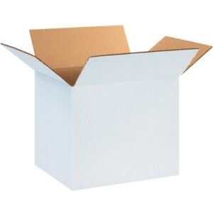 The MH-USA 12 x 8 x 8 white corrugated boxes show off a classic brown interior and standard texture with open flaps on a crisp white background. Ideal for packaging or storage, these boxes come in a convenient bundle of 25.