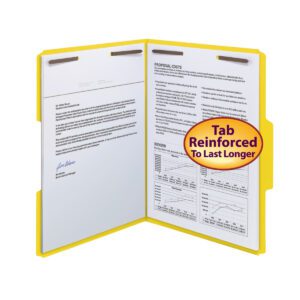 A Smead WaterShed/CutLess Fastener File Folder in yellow holds pages secured with metal fasteners, featuring a Tab Reinforced To Last Longer sticker. This durable folder is letter-sized and sold in boxes of 50 (12942).