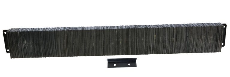 A row of long, flat black metal plates resembling the Vestil Laminated Dock Bumper 12 X 96 X 4.5 In is neatly organized, each with two mounting holes on either end. Beneath them lies a smaller bracket with two attachment holes.