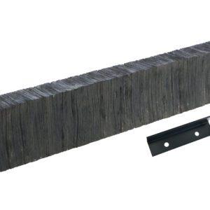 A horizontal stack of long, thin, black metal sheets looks similar to a Vestil Laminated Dock Bumper 12 X 96 X 6 In. Beside it is a smaller black metal piece with two holes, resembling an angle bracket.