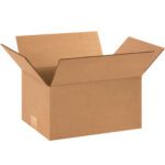 An open MH-USA 12 1/4 x 9 1/4 x 6 corrugated box from a bundle of 25 sits on a white background. Its flaps spread outward, revealing typical construction with a visible seam, perfect for versatile packaging needs.